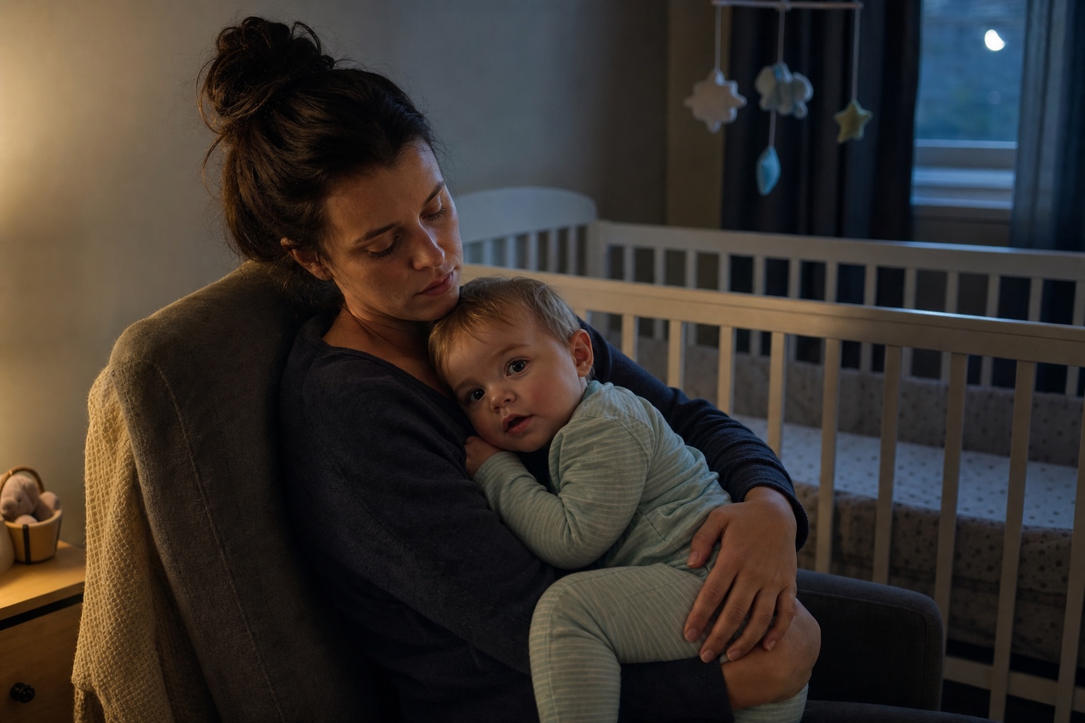 A tired parent calmly holding an awake baby beside a crib at night.