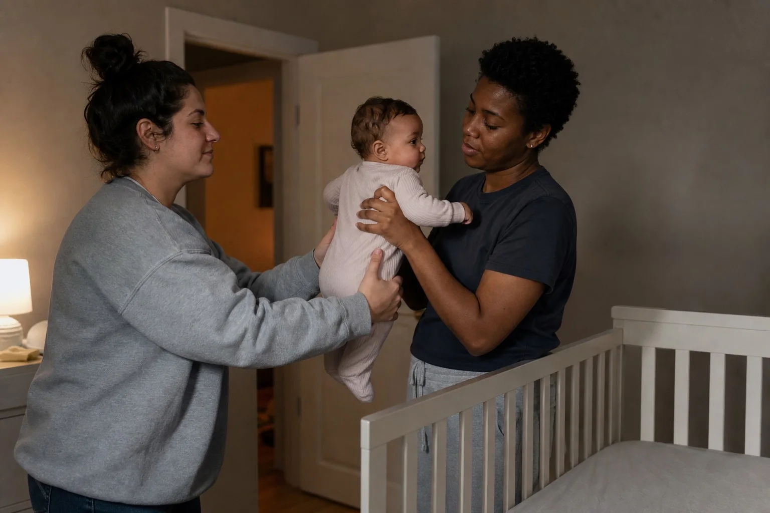 Two caregivers share a calm bedtime handoff beside a crib.