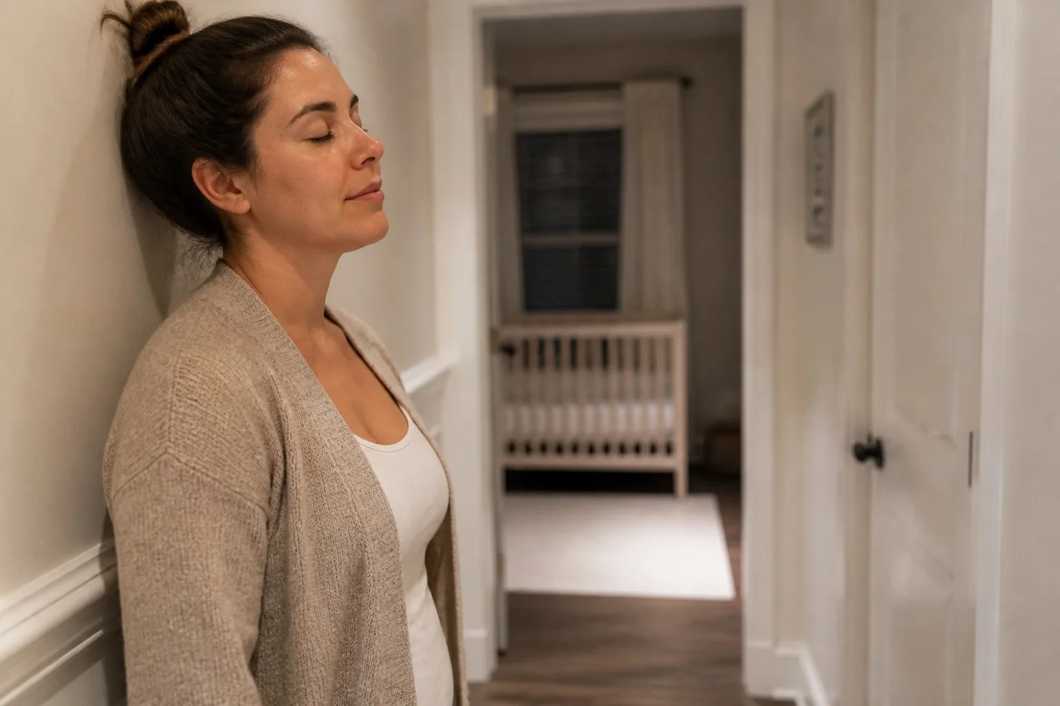 A parent exhales in a quiet hallway after bedtime.