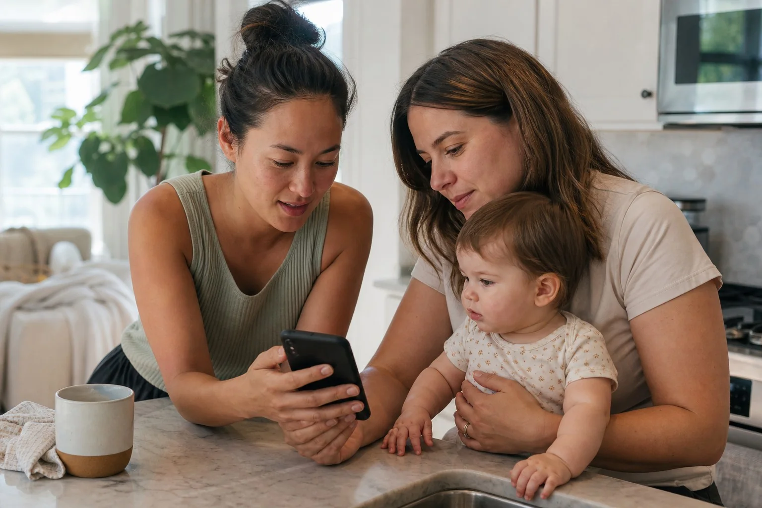 Caregivers review one sleep plan together on a phone.