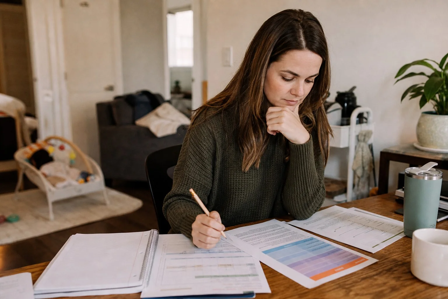 A sleep plan reviewer studies notes at a desk.