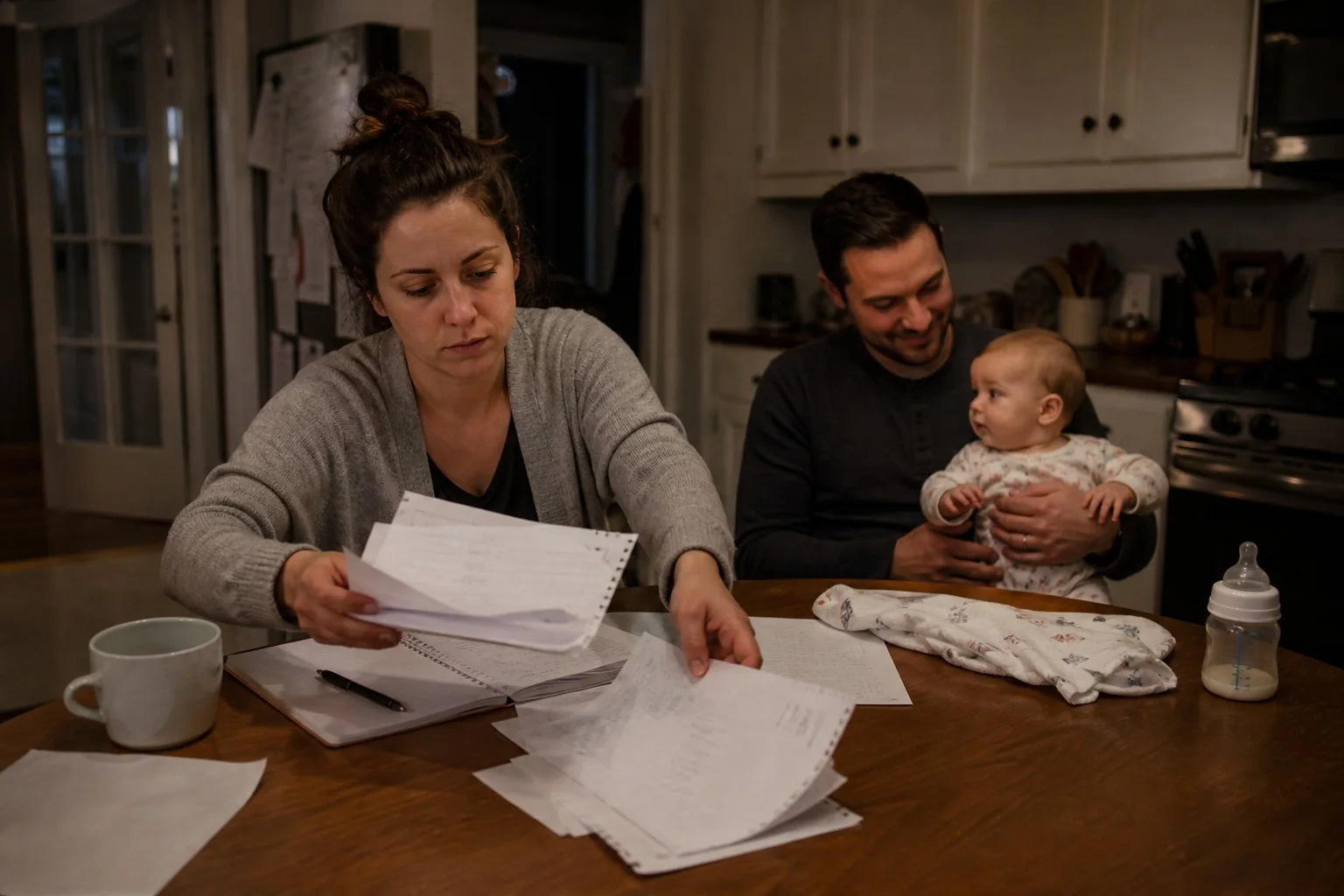A parent puts conflicting sleep notes away.