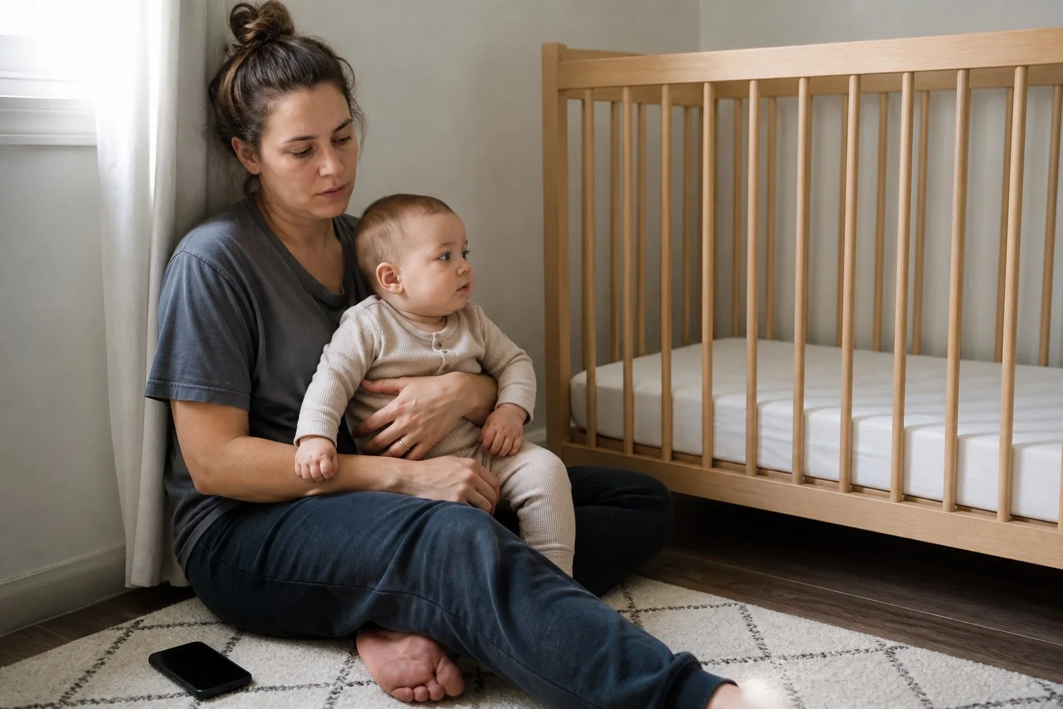 A tired parent sits beside a crib after a short nap.